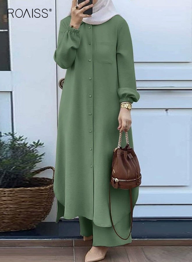 رويس طقم نسائي مكون من قطعتين بتصميم عربي إسلامي، مزود بجيوب، مناسب لفصلي الربيع والخريف، قميص بأكمام طويلة وبنطال، عصري وعملي، بخصر مطاطي وأزرار أمامية، لون أخضر - Image 2